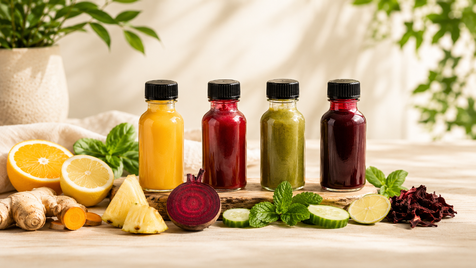 Shots naturales BioViva Wellness con ingredientes frescos como limón, jengibre, piña y pepino